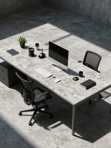 Vista aérea de un plano técnico sobre un escritorio de concreto, iluminación natural de alto contraste con sombras marcadas, enfoque preciso sin personas.