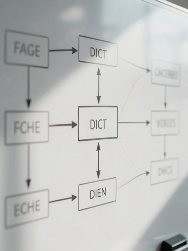 Tight macro shot of a clean whiteboard process diagram, sharp architectural lines, cool daylight, high contrast shadows.