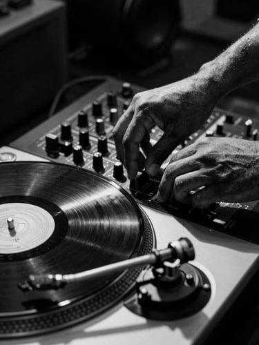 Dramatic black and white high-contrast close-up of hands adjusting a vinyl turntable mixing console in a dimly lit Lagos studio, hard shadows.