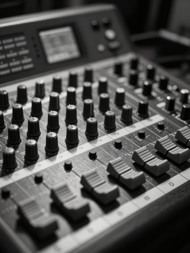Dramatic black and white close-up of an analog mixing console in a Lagos studio, hard shadows, single-source light