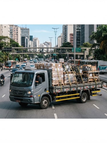 Wide panoramic Sao Paulo urban road at clear morning daylight, a medium-duty cargo truck with secured palletized goods on its bed, seen from eye-level, cool grey and safety yellow tones, sharp focus, 35mm