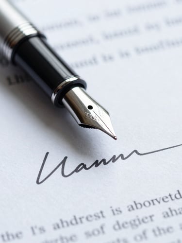 Macro close-up of a heavy fountain pen resting on a crisp, signed legal contract, bright clean daylight with cool silver tones, sharp focus on the signature line.