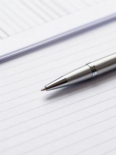 Tight macro shot of crisp financial documents, a silver pen resting on a clean white ledger sheet, sharp studio lighting, cool silver tones