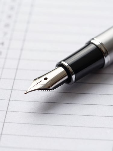 Tight macro shot of a fountain pen resting on a clean, structured financial ledger, high-contrast studio lighting with cool silver tones.