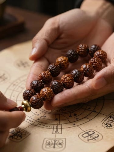 Macro close-up of hands holding aged rudraksha beads over an ancient palmistry chart on textured paper, low-key warm side lighting, dark background.