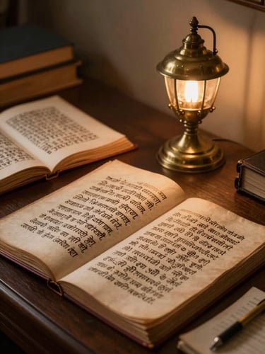 A quiet study room with ancient Sanskrit manuscripts on aged paper, a brass lamp casting warm side light, creating a scholarly and confidential atmosphere.