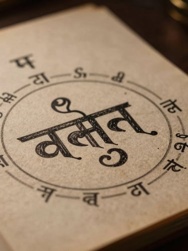 Macro close-up of a hand-drawn Sanskrit horoscope on aged textured paper, warm side lighting, dark background, no text.