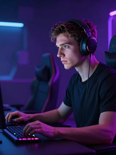 Dramatic portrait of a professional male gamer focused on a screen, illuminated by intense electric blue and neon purple backlighting, dark moody gaming setup with subtle RGB glow, high-contrast shadows, 3d render style.