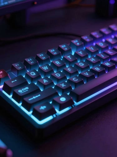 Macro shot of a high-end gaming setup, glowing mechanical keyboard, electric blue and neon purple ambient light, dark background