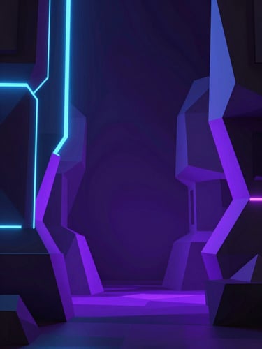 3d render, abstract cyberpunk low-poly environment, neon electric blue and purple glow, dark moody atmosphere, cinematic lighting