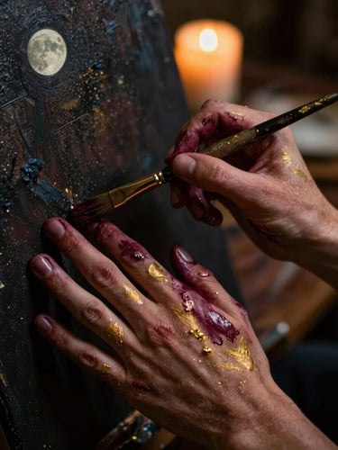 Close-up of an artist's hands stained with rich burgundy and gold paint, holding an antique paintbrush over dark textured canvas, low-key chiaroscuro lighting, 35mm