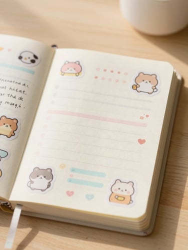 Soft-focus flatlay of an open pastel planner with cute stickers and hand-written notes, warm morning sunlight, cozy aesthetic