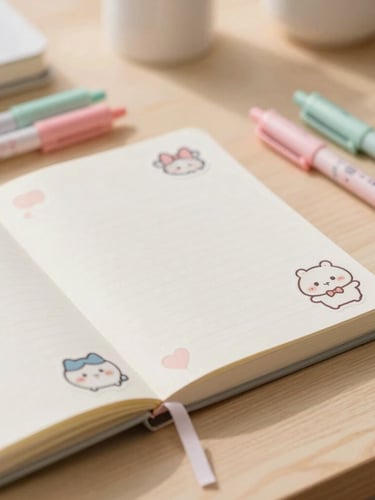 Soft cozy photography of pastel colored pens, cute stickers, and an open planner on a light wooden desk, diffused morning daylight, warm tones, shallow depth of field, 35mm