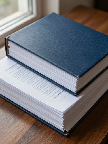 Close overhead photograph of stacked bound legal documents and contract folders on a wooden desk, deep navy cover visible on top, natural daylight from a side window, sharp detail on document edges and binding