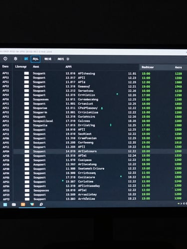 Straight-on screen capture of a high-fidelity software terminal showing real-time API logs, cool neon accents, dark slate background, crisp tech photography