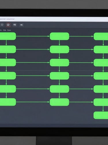 Straight-on clean screen capture of a complex automated data pipeline dashboard in dark mode, neon green node connections, slate background, crisp tech photography, 35mm