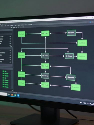 Straight-on screen capture of a complex data flow diagram on a dark slate monitor, cool ambient studio lighting with subtle green accents, macro lens, 35mm