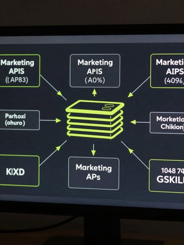 Straight-on screen capture of structured data flow diagrams connecting marketing APIs to a central database, dark slate background, sharp neon accents