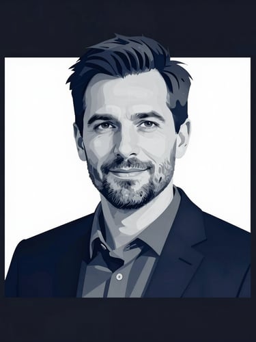 High-contrast desaturated studio portrait of founder Mathijs Verhoeven, professional corporate style, dark background, sharp clean lighting