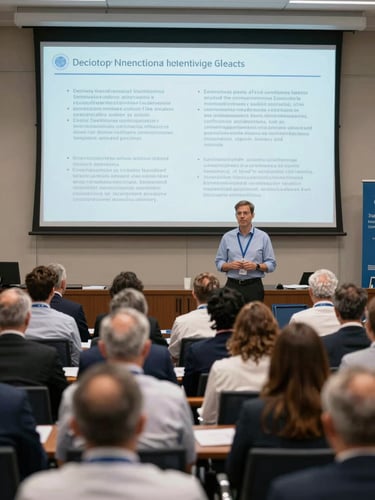 A wide-angle shot of an international scientific congress, a speaker presenting clinical data on a large screen to an audience of dental professionals, natural daylight