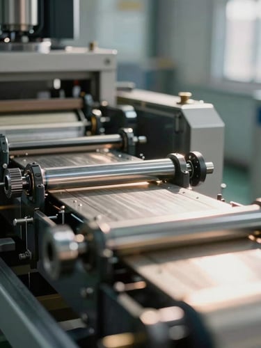 Close-up of modern automated packaging machinery line in a clean industrial facility, sharp focus on metallic components, dramatic natural side-lighting.