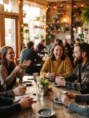 Warm golden hour environmental photography of a cozy community gathering space, people sitting around a rustic wooden table with coffee cups, laughing and talking naturally, soft sunlight, shallow depth of field