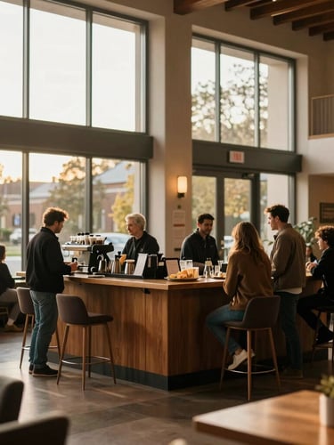 Warm environmental photography of a modern church lobby, natural light streaming through large windows, a coffee bar area with people talking in the background, authentic and welcoming atmosphere