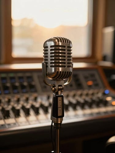 A warm radio broadcasting studio, vintage microphone in focus, soft golden hour light coming through a window, soundboard blurred in the background.