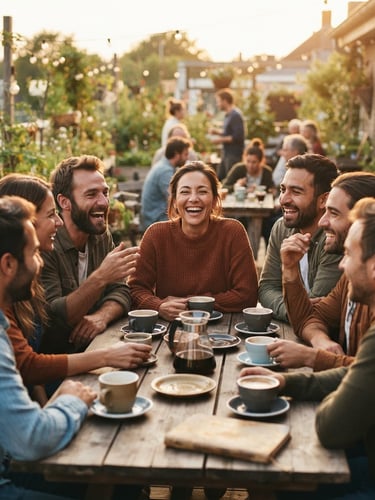 Warm golden-hour community gathering, people laughing around a wooden table with coffee cups, shallow depth of field, authentic connection.