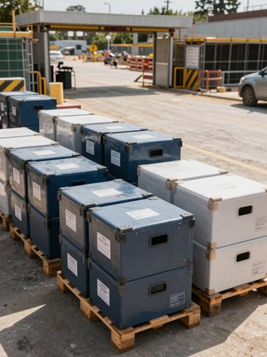 Wide shot of organized construction site logistics area, stacked PPE equipment boxes and labeled pallets in the foreground, site access gate visible in the background, midday natural light