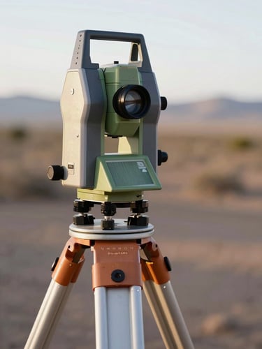 Close technical frame of a total station theodolite mounted on a tripod, field site in background, natural morning daylight, instrument detail sharp and centered in left half of frame, arid Peruvian landscape out of focus behind