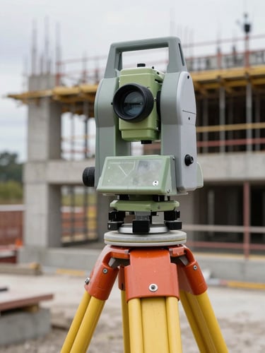 Close-up detail of engineering survey instruments on a construction site—total station tripod in foreground, partially finished concrete structure in background, overcast daylight, no people, technical precision visible in the equipment