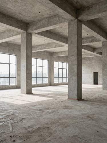 Wide interior view of a completed commercial building under final inspection, clean concrete columns and open floor plan, midday natural daylight through large windows, no people, architectural precision