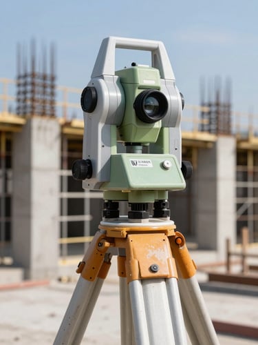 Close-up of a construction site survey instrument mounted on a tripod, a completed reinforced concrete structure visible in the background under clear daylight, no people in frame, sharp technical detail in the foreground