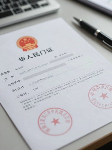 Close-up of official permit documents and municipal stamps laid flat on a desk with a pen, clinical overhead lighting, orderly and precise, no people