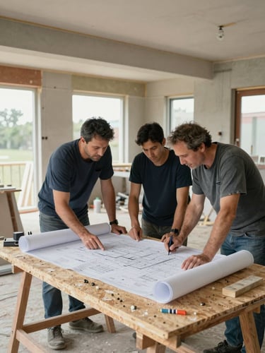 Wide shot of a renovation job site mid-project, workers reviewing a large paper blueprint spread across a plywood work table, natural cool daylight through unfinished window openings, construction materials visible in background, honest operational detail
