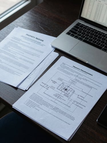 Overhead shot of a work table with property acquisition documents, a printed process map with handwritten annotations, and a laptop showing a spreadsheet, cool natural light from the left, no people visible, honest operational detail