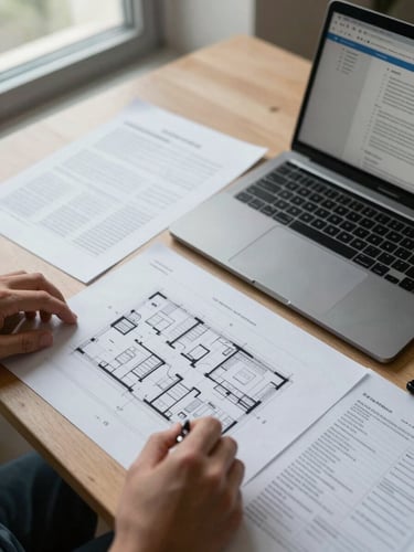 Overhead angle on a work table covered with acquisition documents, a laptop showing deal metrics, and a marked-up property floor plan under cool natural window light, hands visible at the edge of the frame reviewing figures