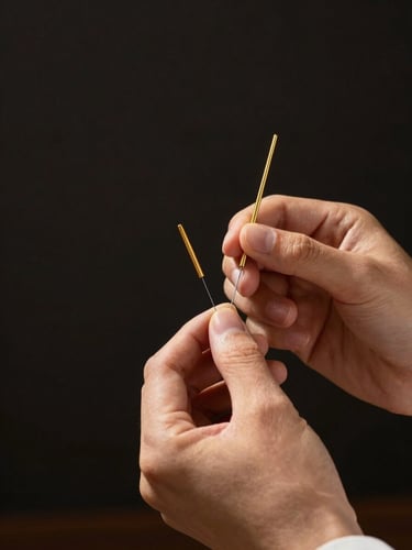 Hands of a therapist placing acupuncture needles with gold handles, dark background, warm dramatic lighting, clinical editorial photography