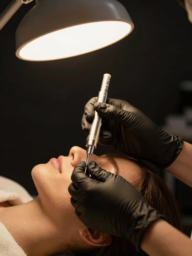 Close-up of clean cosmetology treatment under warm gold studio lighting, hands with black gloves applying clinical product, deep black background, sharp focus, 35mm