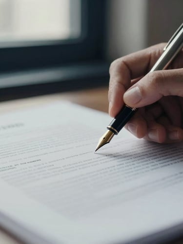 Close-up of a hand holding a fountain pen, poised over a high-quality financial document, soft side-lit window light, deep navy and muted gold tones, shallow depth of field, 35mm.