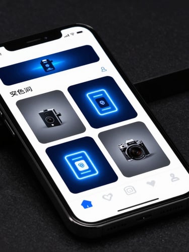 Close-up of a sleek modern smartphone displaying a security app interface with live camera feeds, neon blue accents, dark moody background, high contrast studio lighting.