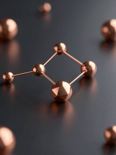 Sleek 3D render of abstract glowing geometric nodes on a dark metallic surface, soft copper highlights, clean studio lighting, architectural composition, 8k