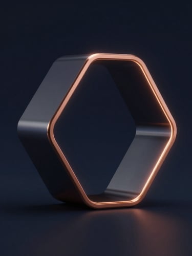Bespoke 3D render of a glowing geometric structure, subtle copper edge glows, deep navy ambient background, clean studio lighting, 8k