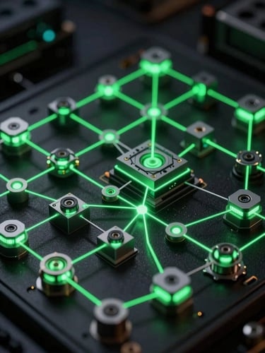 Macro close-up of a high-fidelity system topology diagram, glowing emerald-green laser paths connecting structured 3D architectural nodes, dark-room low-key lighting, highly technical and precise.