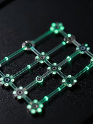 Macro close-up of high-fidelity system topology diagrams with glowing emerald fiber-optic paths on deep black background
