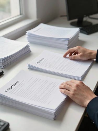 Wide shot of an organized accounting office desk, hands resting on neatly stacked compliance documents, natural window light from the left, minimal shadows, clean workspace visible in background