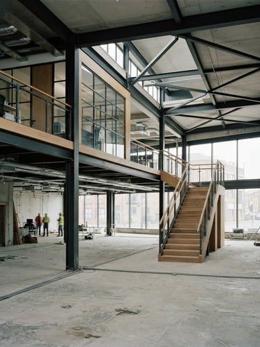 Wide shot of a modern commercial interior build-out, exposed structural steel beams, raw concrete floors, and precise joinery, under natural overcast daylight, desaturated slate and raw concrete tones, sharp focus, 35mm.