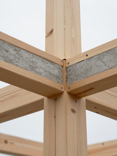 Close-up macro shot of a precise timber joinery connection in a modern residential structural frame, natural overcast daylight, sharp focus, desaturated slate and raw concrete tones.