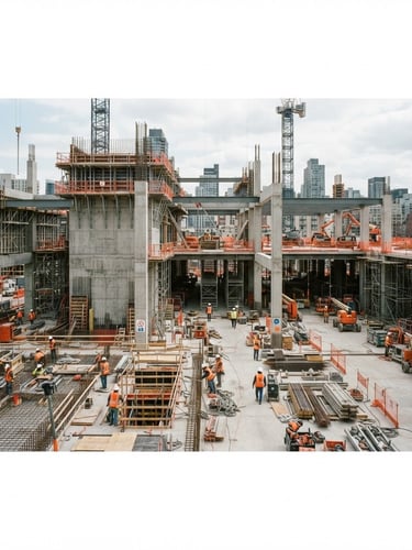 Active, highly organized job site, exposed structural framing, natural overcast daylight, desaturated slate and raw concrete tones, sharp focus, 35mm, safety-orange accents in the background, wide panoramic view.